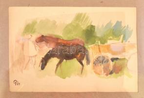 Pór jelzéssel: Szekér lovakkal. Akvarell, papír, üvegezett keretben, 16×25 cm
