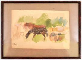 Pór jelzéssel: Szekér lovakkal. Akvarell, papír, üvegezett keretben, 16×25 cm