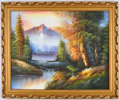 Olvashatatlan jelzéssel: Hegyvidéki tópart. Olaj, vászon, díszes fa keretben, 40×50 cm