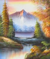 Olvashatatlan jelzéssel: Hegyvidéki tópart. Olaj, vászon, díszes fa keretben, 40×50 cm