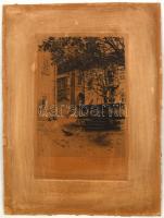 JW jelzéssel, feltehetően osztrák művész munkája 1900-1940 körül: Udvar díszkúttal. Rézkarc, karton,...