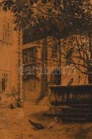 JW jelzéssel, feltehetően osztrák művész munkája 1900-1940 körül: Udvar díszkúttal. Rézkarc, karton,...