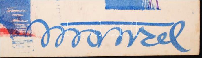 Menzel jelzéssel: Körbe-körbe, színes nyomat, papír, foltos, 43×30,5 cm