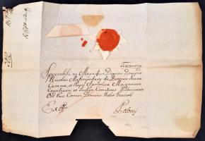 1787 Azonosítatlan személy Nagyszombatból Pozsonyba küldött hivatalos levelének borítékja, Makripodári Miklós császári-királyi tanácsos, pozsonyi alspánnak címezve, papírfelzetes viaszpecséttel