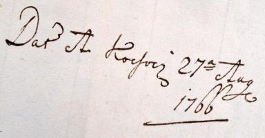 1766 Kőszeghy László trencséni alispán levele aulendorfi Königsegg Ferenc Xavér báró tábornok, földb...