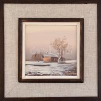 Olvashatatlan jelzéssel. Tanya télen. Olaj, farost, fa keretben, 15x15 cm,