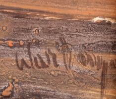 Olvashatatlan jelzéssel. Alföldi tanya Olaj, farost, fa keretben, 15x15 cm