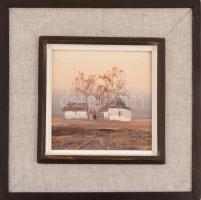Olvashatatlan jelzéssel. Alföldi tanya Olaj, farost, fa keretben, 15x15 cm