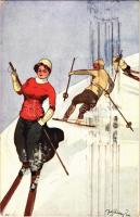 Ski, winter sport art postcard, humour. B.K.W.I. 371-5. s: Fritz Schönpflug + CENZÚRÁZTA ORSZ. GYŰJTŐFOGHÁZ BUDAPEST