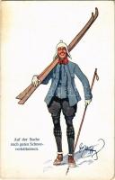 Auf der Suche nach guten Schneeverhältnissen / Ski, winter sport art postcard, humour. B.K.W.I. 202-10. s: Fritz Schönpflug