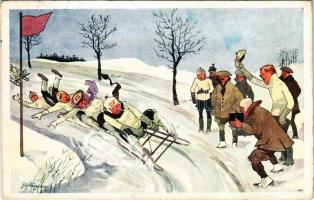 1911 Toboggan race, bobsleigh, sledding, winter sport art postcard, humour. B.K.W.I. 560-3. s: Fritz Schönpflug (EK)