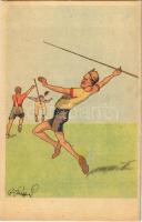 Javelin thrower, sport, humour. B.K.W.I. 404-6. s: Fritz Schönpflug (fl)