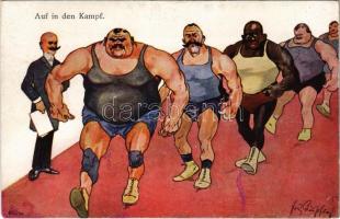 Auf in den Kampf / wrestling, wrestlers humour. B.K.W.I. 492-2. s: Fritz Schönpflug