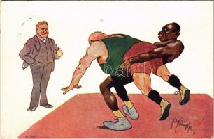 1913 Wrestling, wrestlers, humour. B.K.W.I. 492-4. s: Fritz Schönpflug