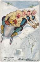 Prosit Neujahr! / New Year greeting winter sport art postcard with four-man controllable bobsled, sledding down, humour. B.K.W.I. 412-6. s: Carl Josef (wet corner)