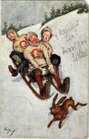 1910 Winter sport art postcard with sled, humour. B.K.W.I. 412-5. s: Carl Josef (EM)