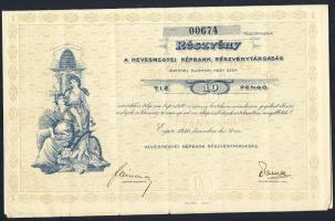 1926. "Hevesmegyei Népbank Részvénytársaság" részvénye 10P-ről, szelvényekkel