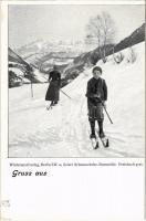 Gruss aus... Schneeschuhe, Rennwölfe etc. Ski, winter sport art postcard. Wintersportverlag, Berlin SW. 46.