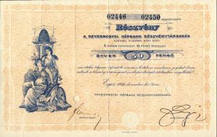 1926. "Hevesmegyei Népbank Részvénytársaság" részvénye 50P-ről, szelvényekkel
