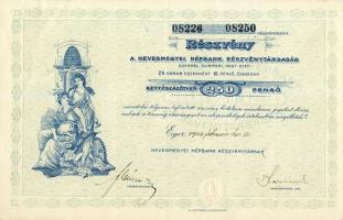 1928. "Hevesmegyei Népbank Részvénytársaság" részvénye 250P-ről, szelvényekkel