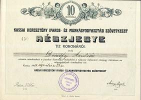 1911. "Kassai Keresztény Iparos- és Munkásfogyasztási Szövetkezet" részjegye 10K-ról, szelvényekkel