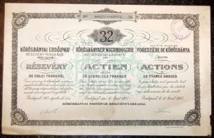 1924. "Körösbányai Erdőipar Részvénytársaság" részvénye 32 svájci Frankról, 3 nyleven, szelvényekkel