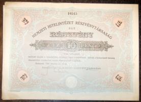 1926. "Nemzeti Hitelintézet Részvénytársaság" részvénye 10P-ről, szelvényekkel