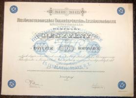 1923. "Felsőmagyarországi Takarékpénztár és Leszámítolóbank Részvénytársaság" részvénye 1000K-ról, szelvényekkel