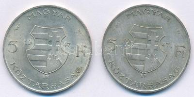 1947. 5Ft Ag "Kossuth" (2x) T:2,2- kis ph. Adamo F8.1