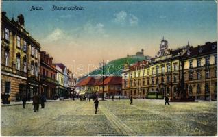 1918 Most, Brüx; Bismarckplatz / square, tram, shops. Kunstverlag Franz Schuster