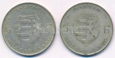 1947. 5Ft Ag "Kossuth" (2x) T:2- kis patina Adamo F8.1