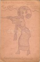 1915 Kapselschiessen zu Leitmeritz! Skizze der Frau Hauptmann v. Gramasch (?). Kézzel rajzolt tábori levelezőlap / Shooting to Litomerice! WWI K.u.K. (Austro-Hungarian) military art postcard, hand-drawn (EK)