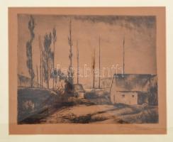 Szőnyi István (1894-1960): Házak a töltés mentén, rézkarc, papír, kis sérüléssel, jelzett, üvegezett fa keretben, 16,5×21 cm