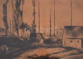 Szőnyi István (1894-1960): Házak a töltés mentén, rézkarc, papír, kis sérüléssel, jelzett, üvegezett...