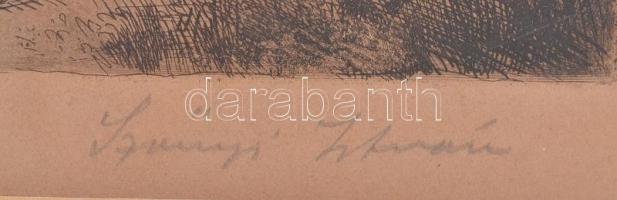 Szőnyi István (1894-1960): Házak a töltés mentén, rézkarc, papír, kis sérüléssel, jelzett, üvegezett...