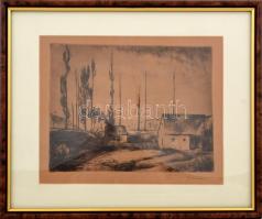 Szőnyi István (1894-1960): Házak a töltés mentén, rézkarc, papír, kis sérüléssel, jelzett, üvegezett...