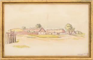 Fényes Adolf (1867-1945): Falurészlet. Színezett litográfia, karton, jelzett, üvegezett fa keretben,...