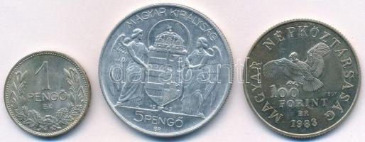 1939. 1P Ag + 1943. 5P "Horthy" Al + 1983. 100Ft alpakka "Simon Bolívar" T:2
Ad...