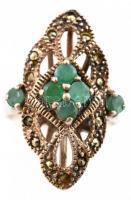 Ezüst(Ag) gyűrű C minőségű smaragd és hiányos markazit berakással, jelzett, méret: 53, bruttó: 6 g