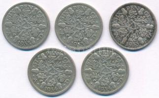 Nagy-Britannia 1933-1934. 6p Ag "V. György" (5x) T:2-,3 Great Britain 1933-1934. 6 Pence A...