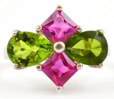 Ezüst(Ag) pink-zöld kövekkel díszített gyűrű, jelzett, méret: 51, bruttó: 4 g