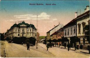 1921 Besztercebánya, Banská Bystrica; Horná ulica / Felső utca, üzletek. F. Machold kiadása / street view, shops (EK)