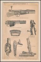 cca 1898 Lövőfegyverek II., Pallas Nagy Lexikon illusztrációja, paszpartuban, a szélén javított, 22x...