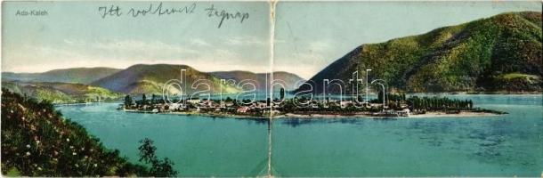 1914 Ada Kaleh, török sziget Orsova alatt. kihajtható panorámalap / Turkish island. folding panoramacard (hajtásnál szakadt / torn at fold)