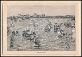 cca 1900 Morelli Gusztáv (1848-1909): Siófok látképe fürdőházakkal, Badeanstalt zu Siófok, német nye...