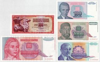 Jugoszlávia 1986-1994. 100D-1.000.000.000D 5xklf bankjegy T:I-III Yugoslavia 1986-1994. 100 Dinara - 1.000.000.000 Dinara 5xdiff banknotes C:UNC-F