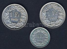 Svájc 1913B + 1957B 1Fr Ag 2klf + 1960. 1/2Fr Ag T:2