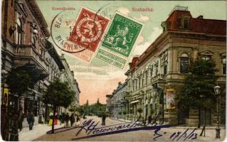 1913 Szabadka, Subotica; Kossuth utca, üzletek, villamos. Heumann Mór kiadása / street view, shops, tram. TCV card (EM)