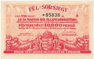 Budapest 1931. "56. Magyar Királyi Állami Sorsjáték" fél-sorsjegye T:III Hungary Budapest 1931. "56th Royal Hungarian Lottery" half-ticket C:F