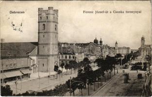 1915 Debrecen, Ferenc József út, Csonka torony, villamos, Jakab kalap áruháza